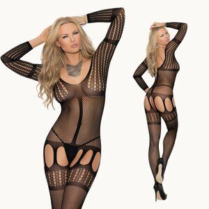 Black Long Sleeve Suspender Bodystocking Crochet Mesh Lingerie One Size